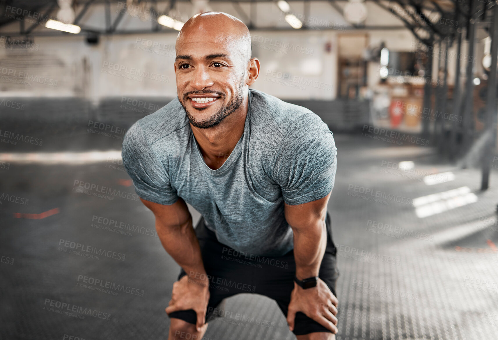 Buy stock photo Man, smile and thinking of fitness in gym for exercise break, resting and relax with workout challenge. Bodybuilder, person and thoughtful at sports center from bodybuilding, training and wellness