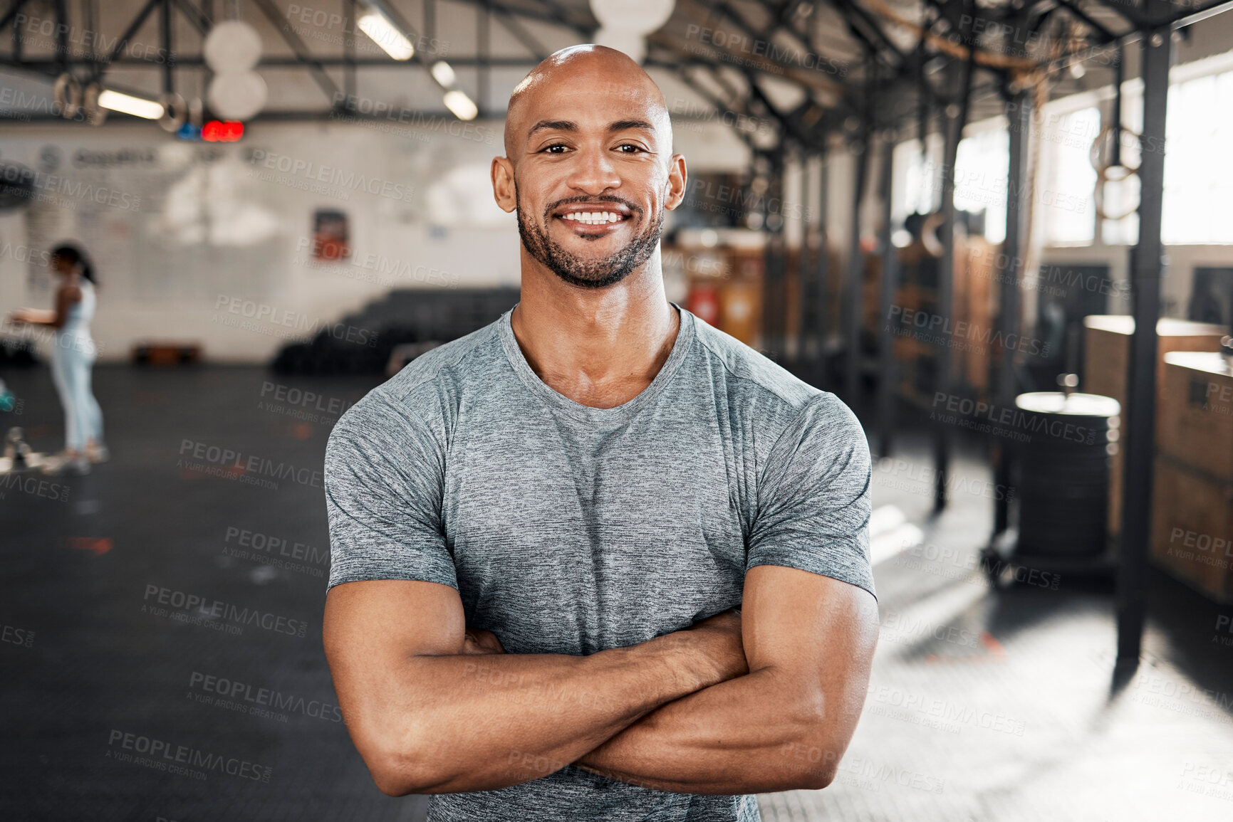 Buy stock photo Portrait, fitness and happy man with arms crossed for workout, body health and wellness in gym. Face, smile and confident bodybuilder, personal trainer and strong athlete with muscle in sports club