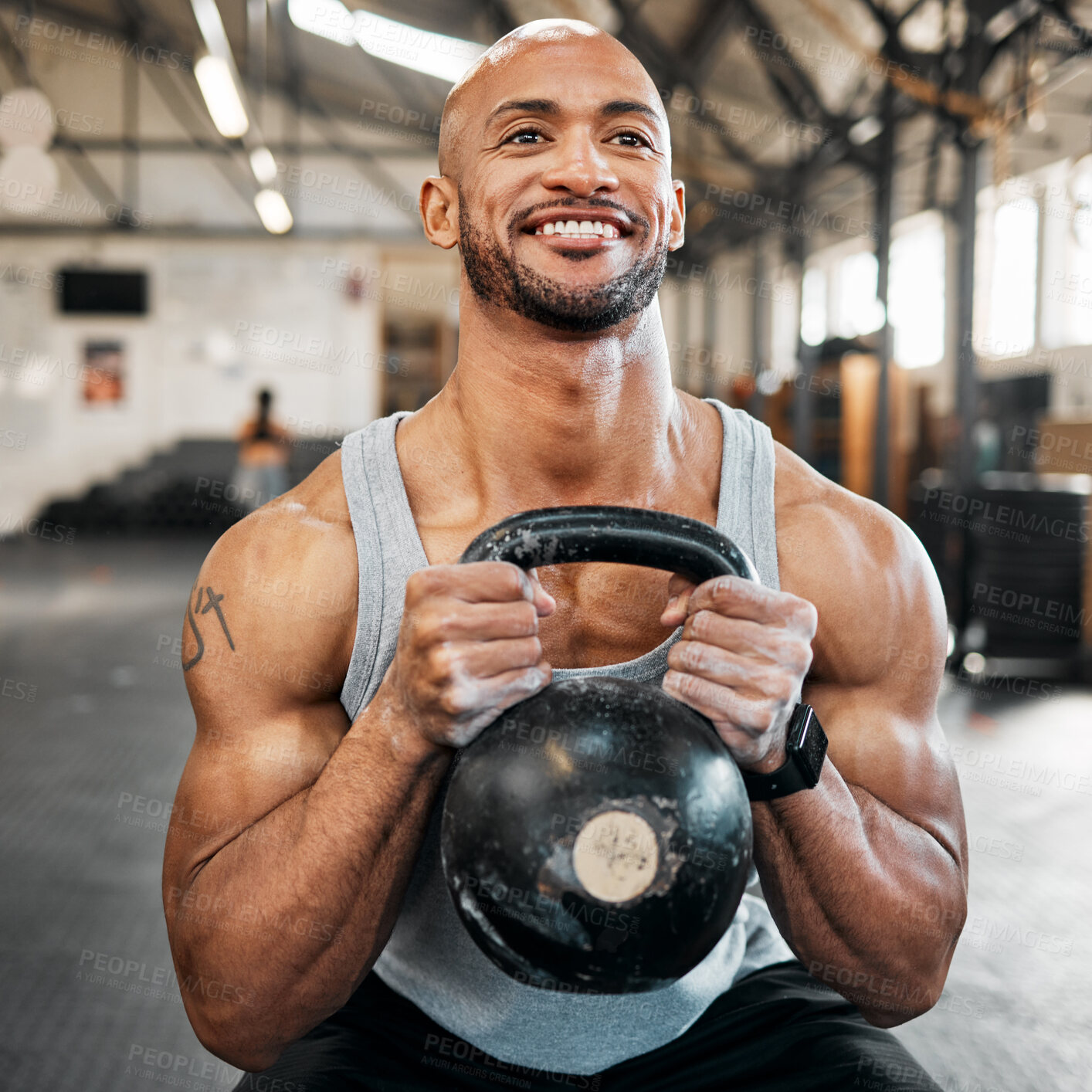 Buy stock photo Bodybuilder, smile and man squat for kettlebell, fitness or workout for arm strength at gym. Training, weights and sports athlete for weightlifting, muscle power and health club exercise performance