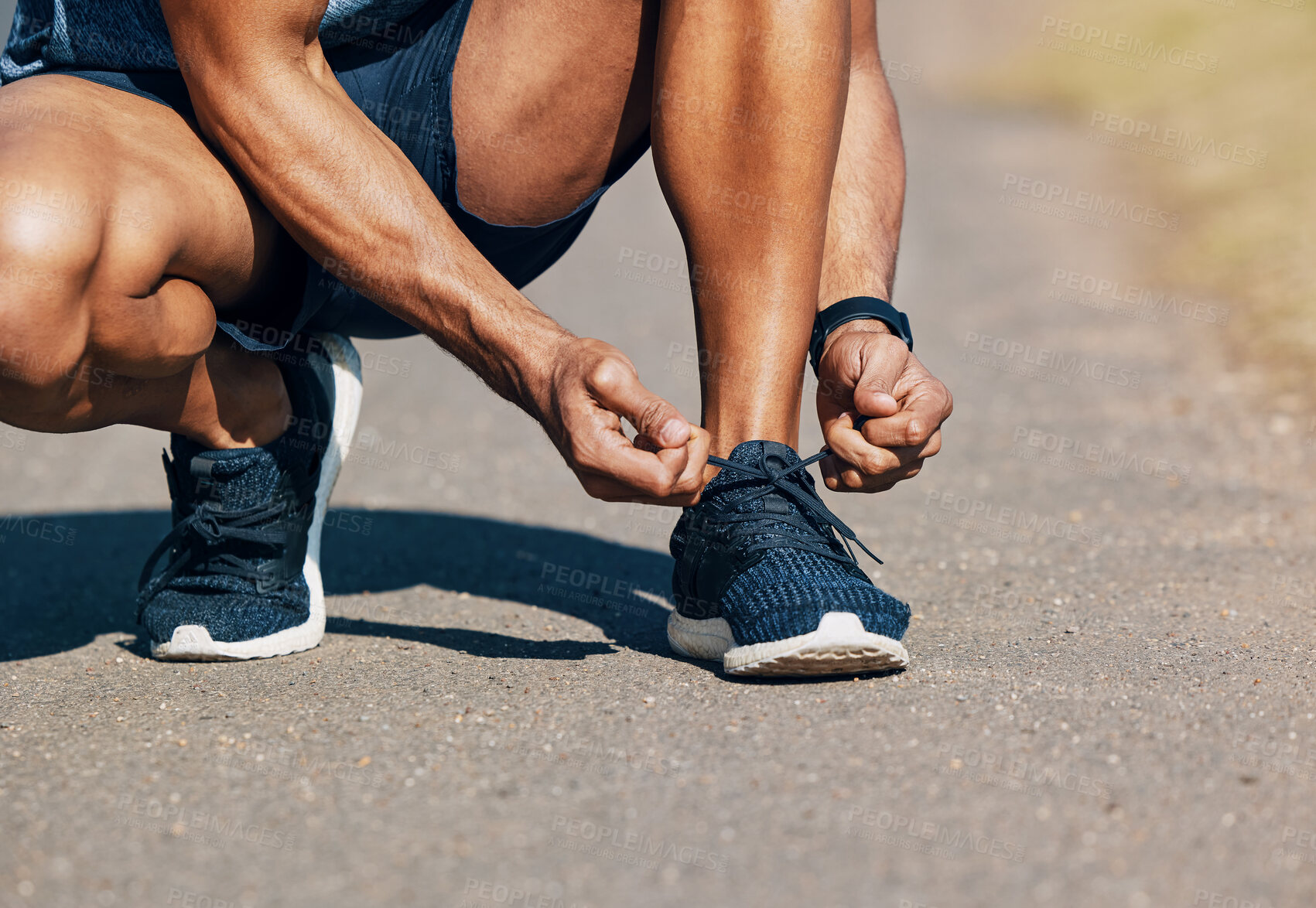 Buy stock photo Shoelace, hands or man with fitness, outdoor or start day with workout routine. Sneakers, healthy person or runner with training, morning or exercise with wellness, marathon or challenge with closeup