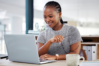 Buy stock photo Laptop, focus and business with black woman in office for research, website and designer. Thinking, creative and internet with female employee in digital agency for technology, email and entrepreneur
