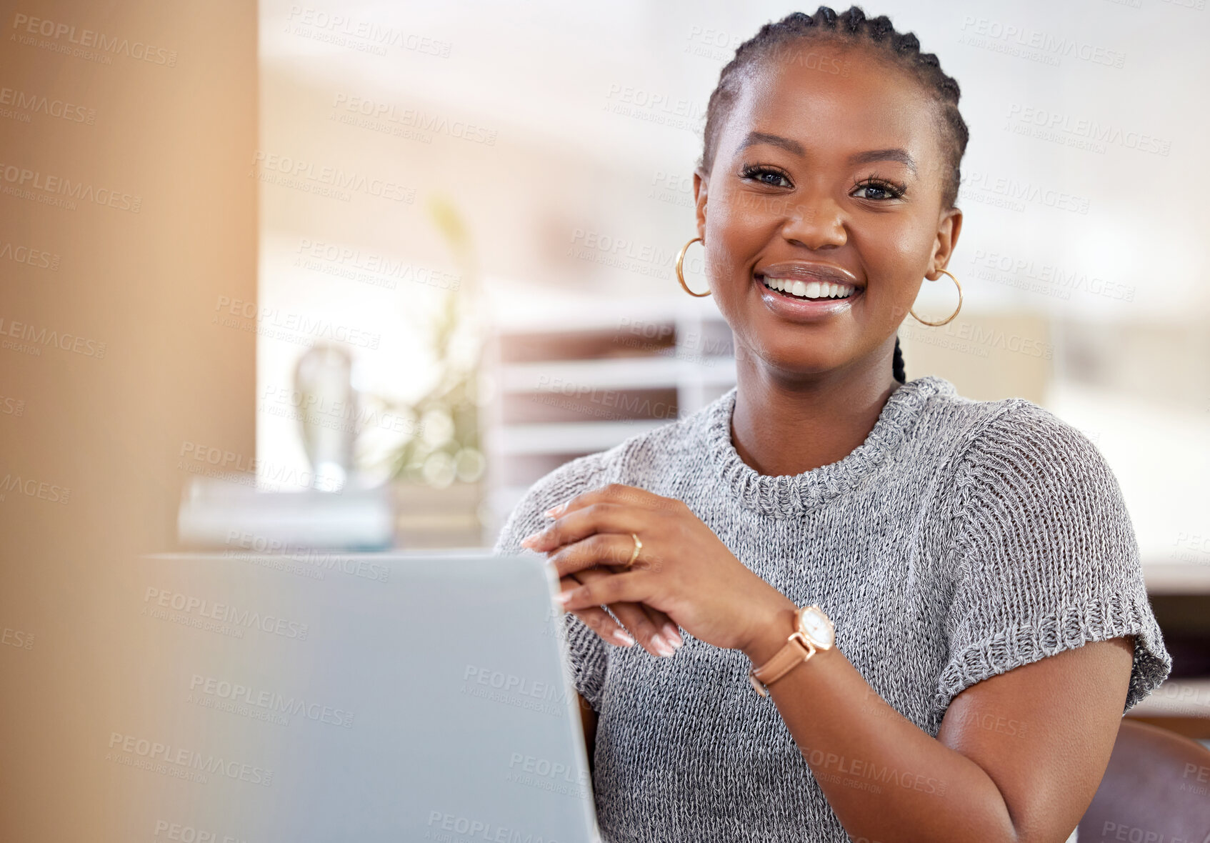 Buy stock photo Portrait, business and black woman with a smile, laptop and connection with ideas, confident and creative. Face, female person or happy entrepreneur with a pc, technology and employee with creativity