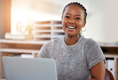 Buy stock photo Laptop, business and portrait of black woman in office for research, website or designer. Thinking, creative and internet with female employee in digital agency for technology, email and entrepreneur