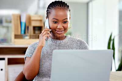 Buy stock photo Laptop, phone call and black woman in office with smile, networking and communication for online research. Business, planning and sales consultant with smartphone, computer and advisory conversation.
