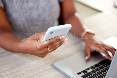 Buy stock photo Hands, business and woman with laptop, cellphone and typing with connection, internet and hotspot for internet. Person, closeup or consultant at desk, computer and smartphone with social media or app