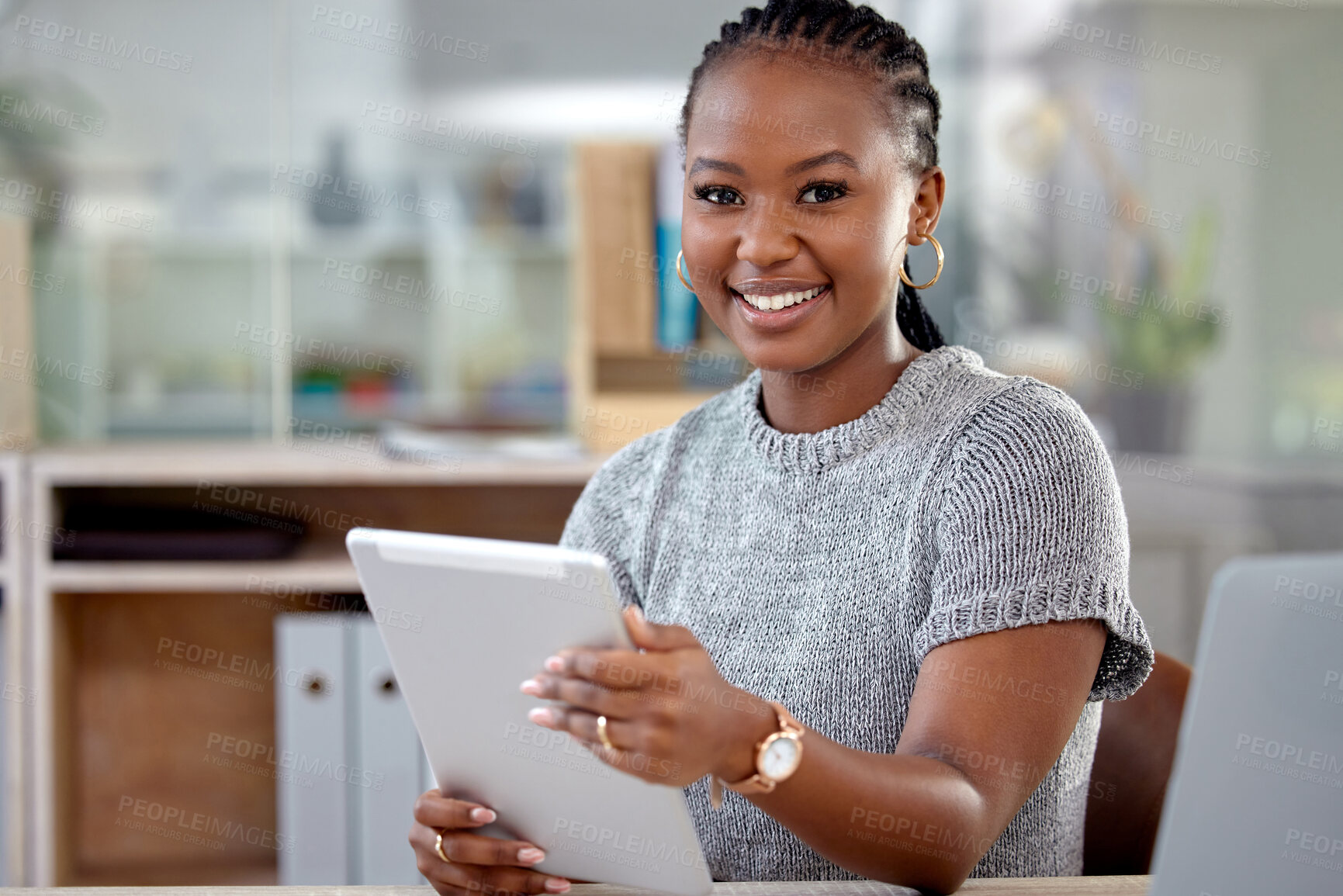 Buy stock photo Tablet, portrait and black woman in office with smile, networking and website for online research. Business, planning and sales consultant with digital app, email or internet feedback review at desk