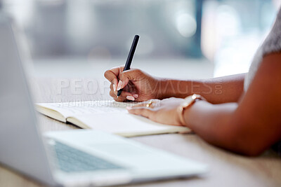 Buy stock photo Laptop, notes and hands writing in office with report, networking and website for online research. Business, planning and sales consultant with notebook, computer or internet feedback review at desk.