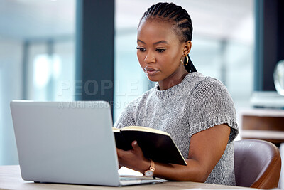 Buy stock photo Laptop, reading and black woman in office with notebook, networking and website for online research. Business, planning and sales consultant with notes, computer or internet feedback review at desk.