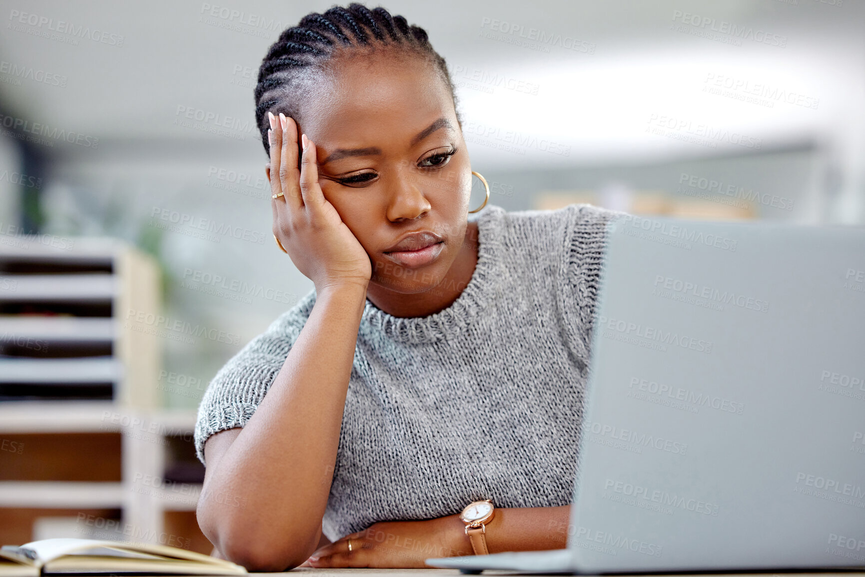 Buy stock photo Mental health, businesswoman with a headache and laptop at her desk in a modern office workplace. Depression or sad, anxiety or tired and female person with a problem or mistake at her workstation 