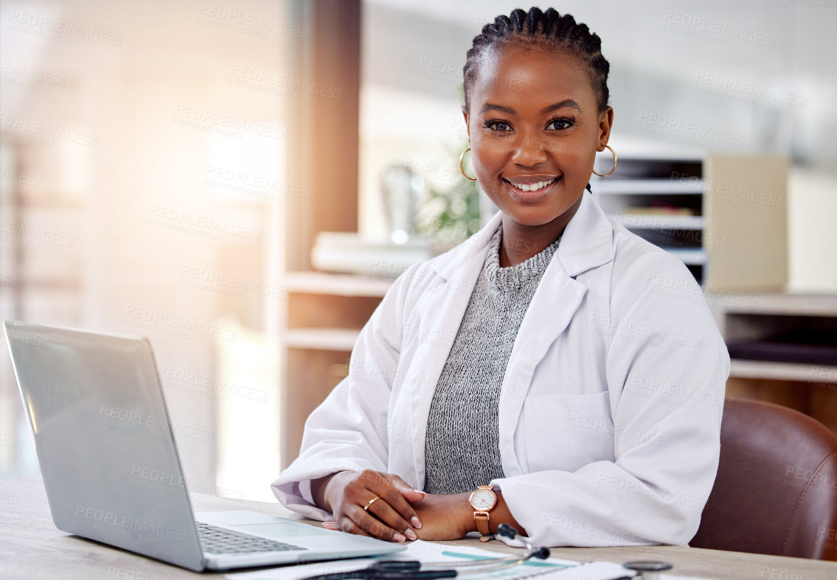 Buy stock photo Portrait, doctor or black woman in office with laptop, smile and online agenda for hospital schedule. Healthcare, planning and medical professional with computer, paperwork or health insurance advice