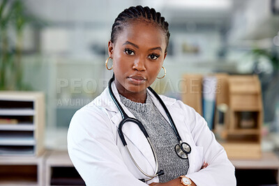 Buy stock photo Portrait, black woman and arms crossed with doctor in office, confidence and integrity with professional for healthcare. Pride, expert and cardiovascular surgeon with medical service and stethoscope