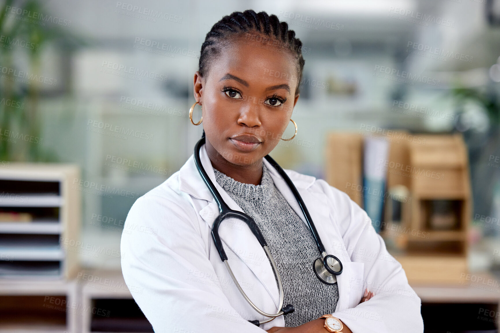 Buy stock photo Portrait, black woman and arms crossed with doctor in office, confidence and integrity with professional for healthcare. Pride, expert and cardiovascular surgeon with medical service and stethoscope