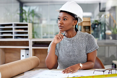 Buy stock photo Thinking, architecture and black woman drawing blueprint in office for construction building project. Design, engineer and female industrial worker working with ideas on infrastructure plans.