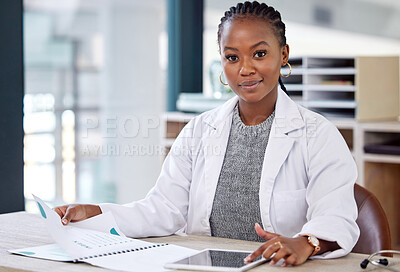 Buy stock photo Portrait, office and woman doctor with tablet, paperwork and admin report for hospital schedule. Healthcare, planning and medical professional with digital app, files or health insurance documents.