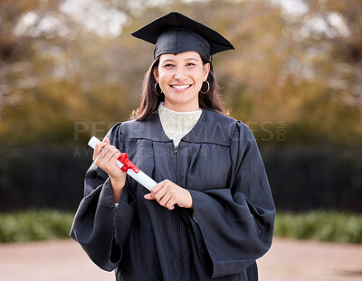 Buy stock photo Portrait, outdoor and girl with graduation, university and event for achievement, success or excited. Award, person or student with degree, certificate and celebration with robe, smile or scholarship