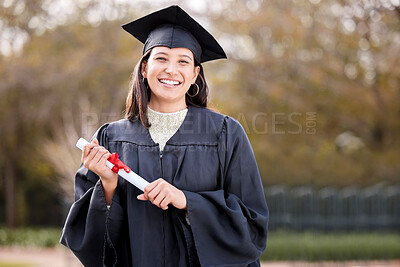Buy stock photo Woman, graduation and college diploma in portrait, outdoor and success with pride, achievement and life goal. Graduate girl, certificate and happy student at university event, celebration and excited