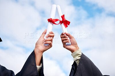 Buy stock photo Hands, people and graduation with certificate in sky for cheers, future and support for education at college. Friends, students and touch with diploma for achievement, success and celebration