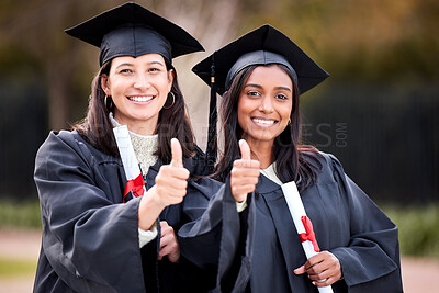 Buy stock photo Women friends, thumbs up and graduation portrait at college, campus and celebration with diploma. University students, graduate event and certificate for success, achievement and life goal with emoji