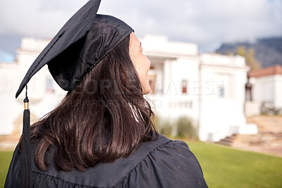 Buy stock photo University, thinking and woman at campus for graduation, event and celebration of phd success outdoor. Education, learning or gen z student back walking for hope, future or motivation for career goal