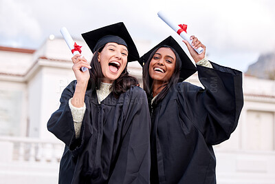 Buy stock photo Education, portrait of college students and with certificate on their graduation day at campus. Success or achievement, graduate or happiness and friends with diploma at university outdoors smiling