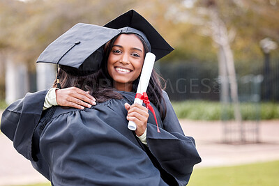 Buy stock photo Women friends, hug and graduation portrait at college, campus and celebration with diploma. University students, graduate event and certificate for success, achievement and congratulations in embrace