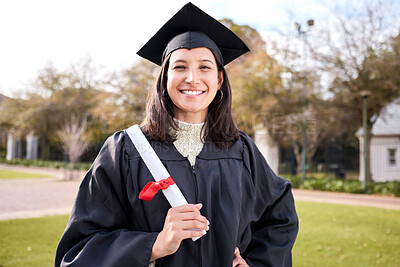 Buy stock photo Portrait, girl and student with graduation, outdoor and degree with education, university and celebration. Face, person and woman with certificate, diploma and knowledge with college and achievement