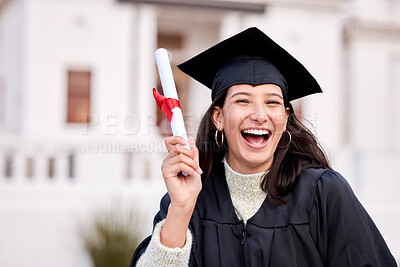 Buy stock photo Success, portrait of college student and with certificate on her graduation day outside of campus. Education or achievement, graduate or smile and female person with diploma at university outdoors