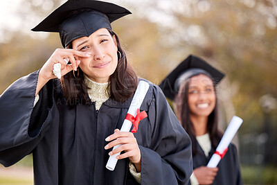 Buy stock photo Woman graduate, portrait and happy crying at college, campus and celebration with diploma. University student, graduation and event with tears for success, achievement and life goal with certificate