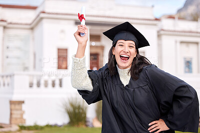 Buy stock photo Woman, portrait and graduation with diploma, cheers and excited for future, goals and education at college. Girl, student and happy with certificate for achievement, success and celebration at campus