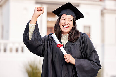 Buy stock photo Portrait, girl and student with graduation, excited and degree with education, achievement and celebration. Face, person or woman with certificate, diploma or knowledge with college or academy scroll