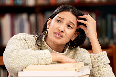 Buy stock photo College, anxiety and girl with books at campus library overwhelmed by deadline, mistake and burnout. University, stress and student with notebook, pressure or frustrated by overthinking or self doubt