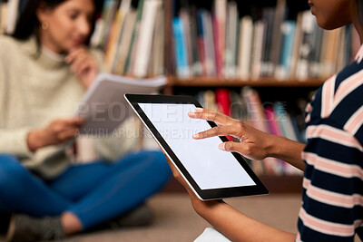 Buy stock photo Tablet screen, mockup or women at campus library for reading research, project or homework. College, education or student on digital app for streaming results, help or virtual classroom tutor sign up