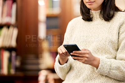 Buy stock photo University, library and hand of girl with phone for literature research, campus website or social media. Student, scholarship and person with smartphone for education, email or networking in London