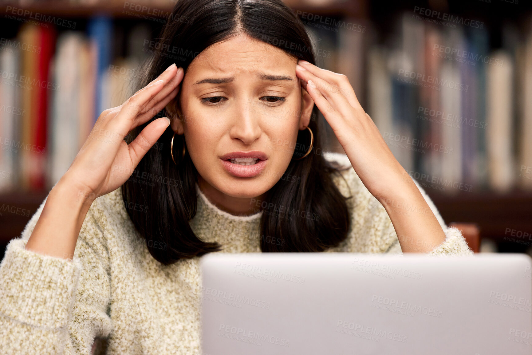 Buy stock photo College, laptop or confused girl with stress headache at campus library for research, homework and burnout. University, depression or student frustrated by exam deadline, anxiety or pc glitch panic