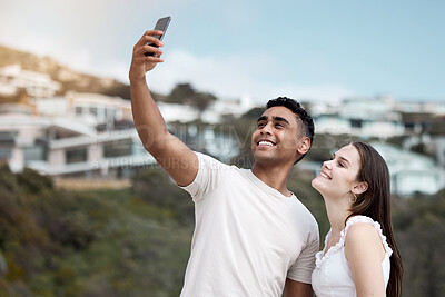 Buy stock photo Beach, selfie and couple with holiday, love and happiness with weekend break, honeymoon and summer. Outdoor, seaside and man with woman, romance or profile picture with adventure, journey or vacation