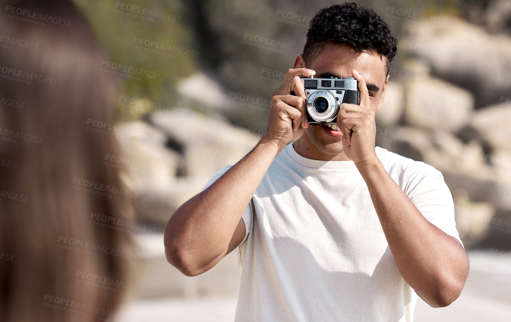 Buy stock photo Man, vintage camera and  photography at beach, couple on holiday for travel and memory in nature together. Honeymoon, date or anniversary getaway, retro tech for picture taking and adventure outdoor