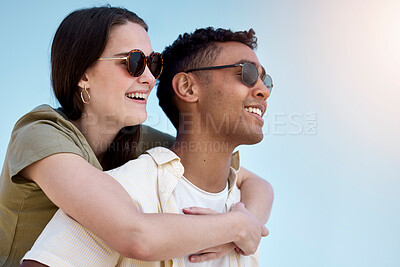 Buy stock photo Happy couple, hug and beach with sunglasses, love or support for holiday, weekend or outdoor vacation. Man and woman with smile for care, embrace or bonding on fun adventure with sunshine in nature