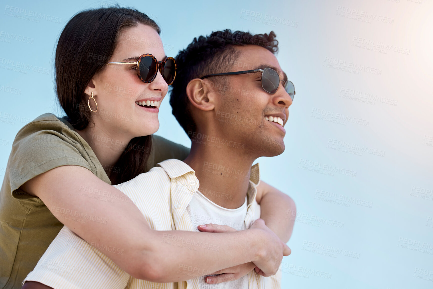 Buy stock photo Happy couple, hug and beach with sunglasses, love or support for holiday, weekend or outdoor vacation. Man and woman with smile for care, embrace or bonding on fun adventure with sunshine in nature