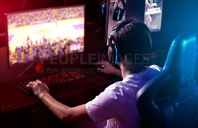 Buy stock photo Gamer, computer screen and man with headphones, night and esports subscription from back. Content creator, influencer or streamer with headset for online challenge, video game or live stream at home.