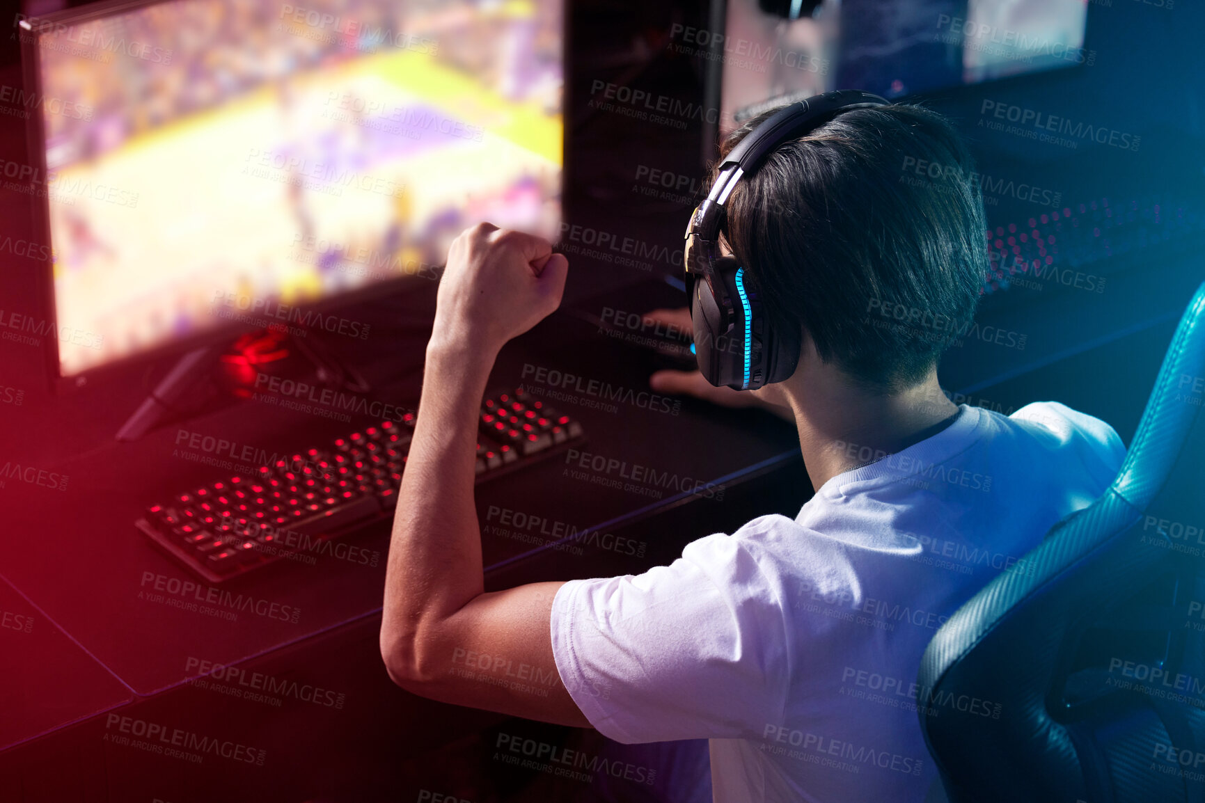 Buy stock photo Man, computer screen and excited gamer with headphones, celebration and esports achievement from back. Content creator, influencer or streamer with headset for online win, video game or night at home