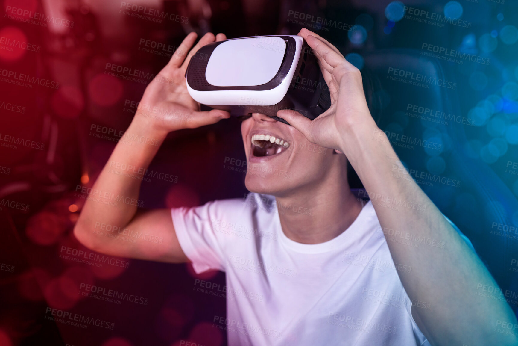 Buy stock photo Man, gamer and virtual reality with tech by neon for gaming, entertainment or digital innovation. VR, user experience or professional player for cyber space, online video or multimedia with metaverse