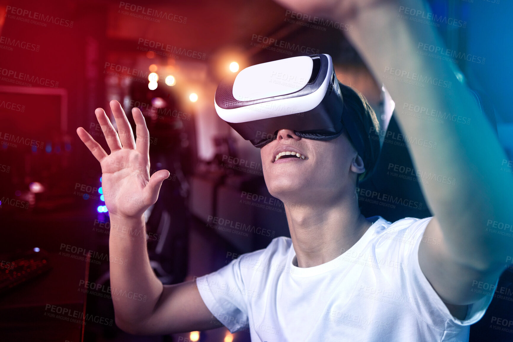Buy stock photo Man, gamer and virtual reality with digital world by neon for gaming, entertainment and tech. VR, user experience or professional player for cyber space, online video or multimedia with metaverse
