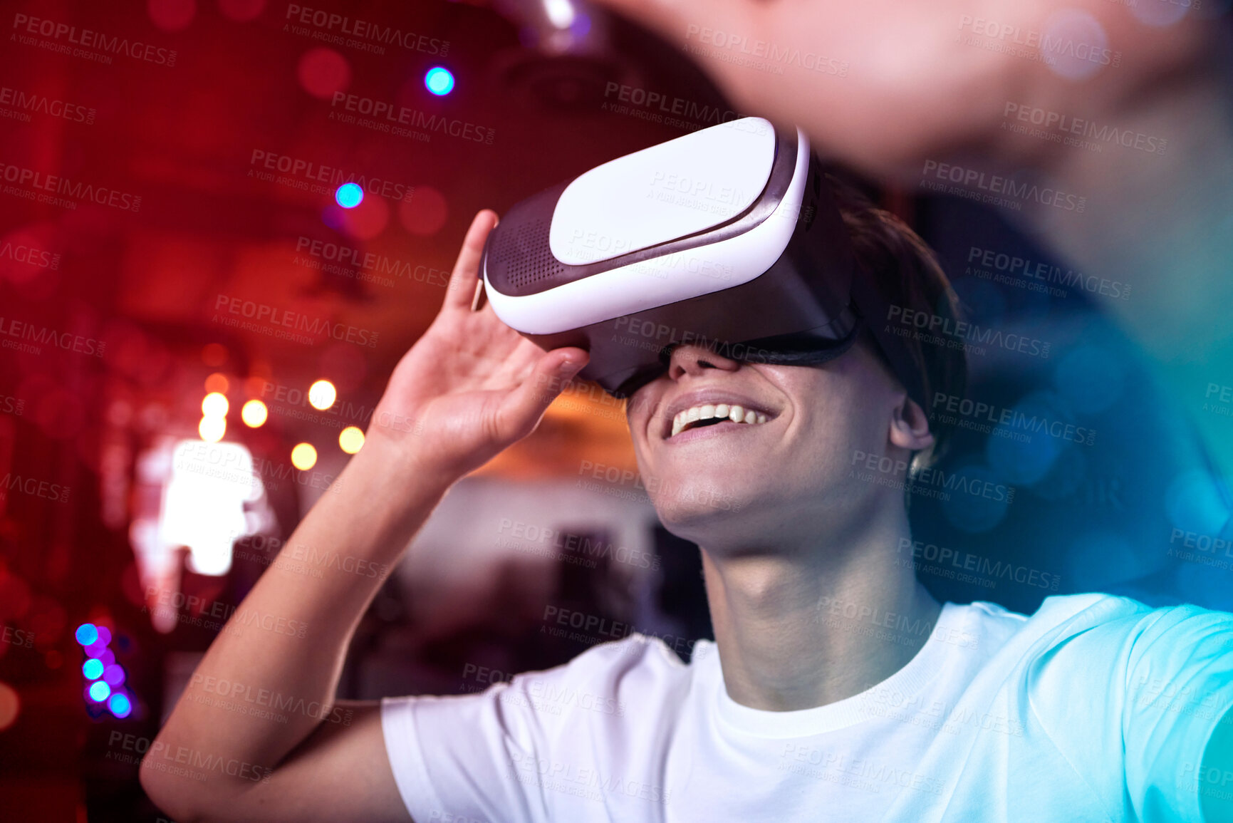 Buy stock photo Man, gamer and virtual reality with high tech by neon for gaming, entertainment and home. VR, user experience or professional player for cyber space, online video or multimedia with metaverse