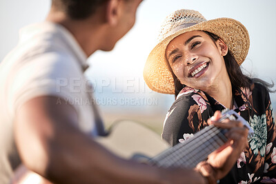 Buy stock photo Love, smile and couple with guitar in nature for romance, music and entertainment on date. Woman, happy and man with string instrument by ocean coast for anniversary, adventure and bonding in Greece