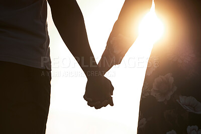 Buy stock photo Couple, silhouette and holding hands at sunset on vacation, holiday or honeymoon in summer at romantic, destination on date. Woman, man and relationship in love or together, memory and travel on trip