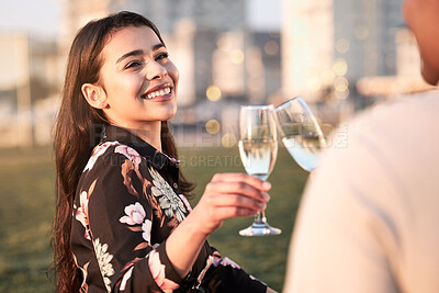 Buy stock photo Park, love and happy couple toast on date in marriage commitment to travel on outdoor holiday vacation. Cheers, picnic or romantic man bonding with smile or woman for care, trust and support together