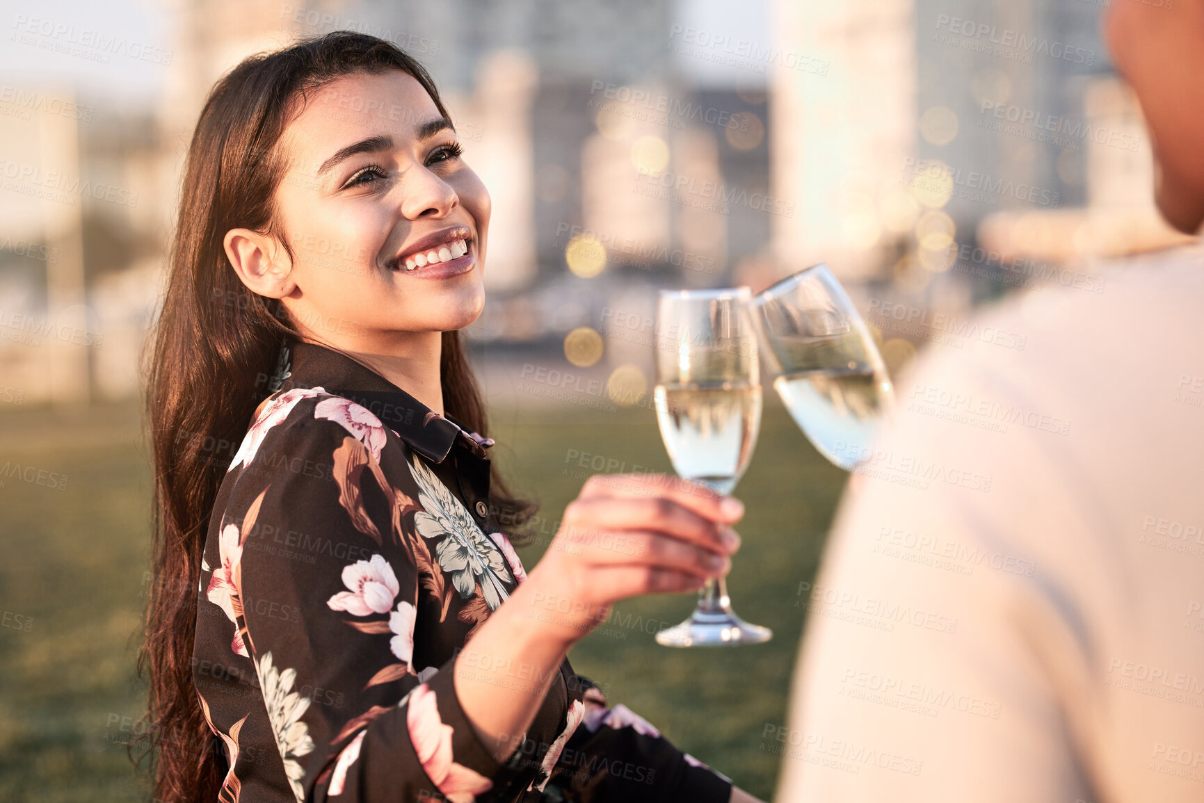 Buy stock photo Park, love and happy couple toast on date in marriage commitment to travel on outdoor holiday vacation. Cheers, picnic or romantic man bonding with smile or woman for care, trust and support together