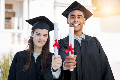 Buy stock photo Graduation portrait, diploma and people in university, education or learning success, achievement and scholarship. Award, certificate and graduate, college students or face of friends for celebration