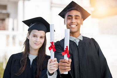 Buy stock photo Graduation portrait, diploma and couple of friends in college, education success and achievement or scholarship. Award, certificate and graduate, university students or face of people for study offer