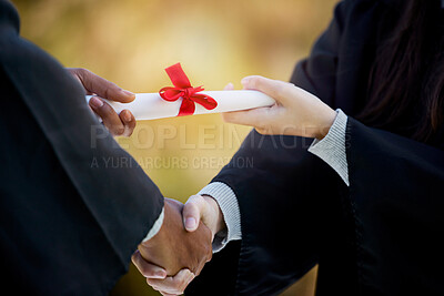 Buy stock photo Handshake, graduation diploma and people in success, achievement and congratulations or thank you. Graduate, student or person shaking hands for certificate, excellence and giving award at University